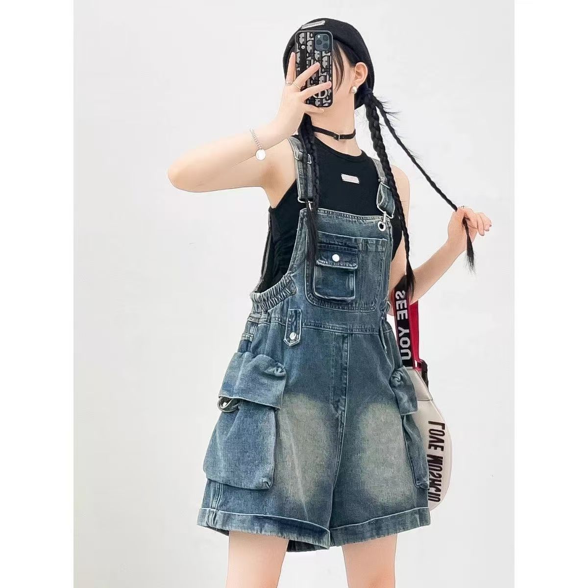 Korean Style Casual Personalized Denim Suspender Shorts for Women 2025 New Autum Loose Belly-Covering Wide-Leg One-Piece Shorts