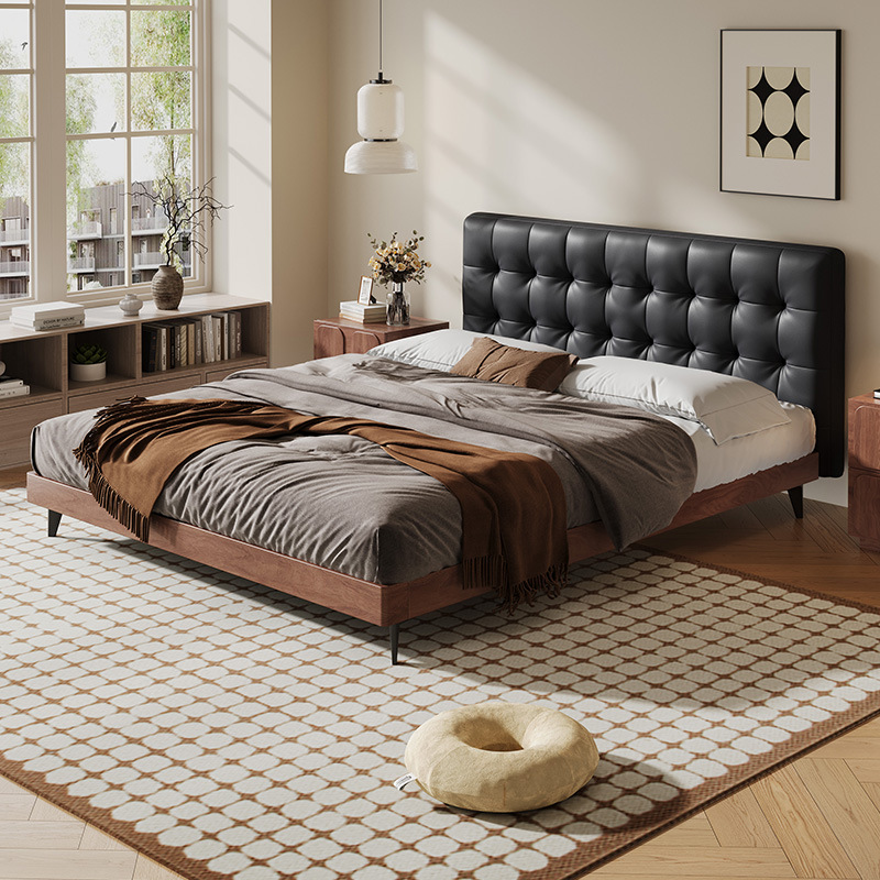 First-Layer Cowhide Bed, Waffle Bed, Minimalist Mid-Century Style Master Bedroom Solid Wood Soft Bed, Modern Simple Pull-Point Light Luxury Bed