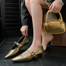 尖头素版玛丽珍单鞋新款四季可穿金色软牛皮尖头复古粗低跟女鞋子