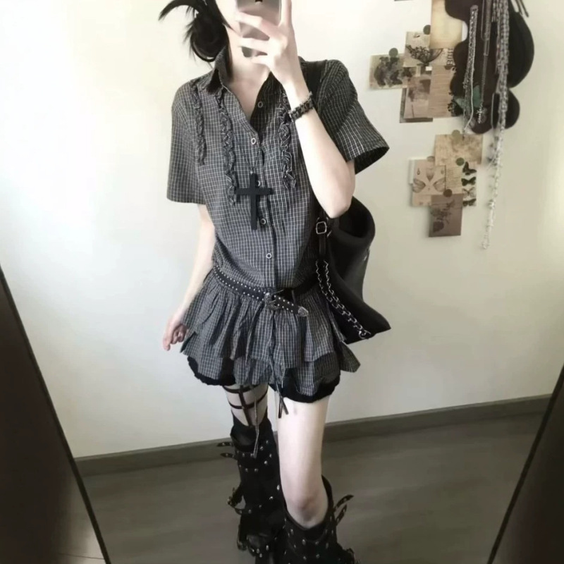 Japanese Harajuku Style Plaid Dress for Women, Summer Waist-Cinching Slimming Ruffle Design Short-Sleeve Shirt Dress Japanese Harajuku Style Plaid Dress for Women, Summer Waist-Cinching Slimming Ruffle Design Short-Sleeve Shirt Dress