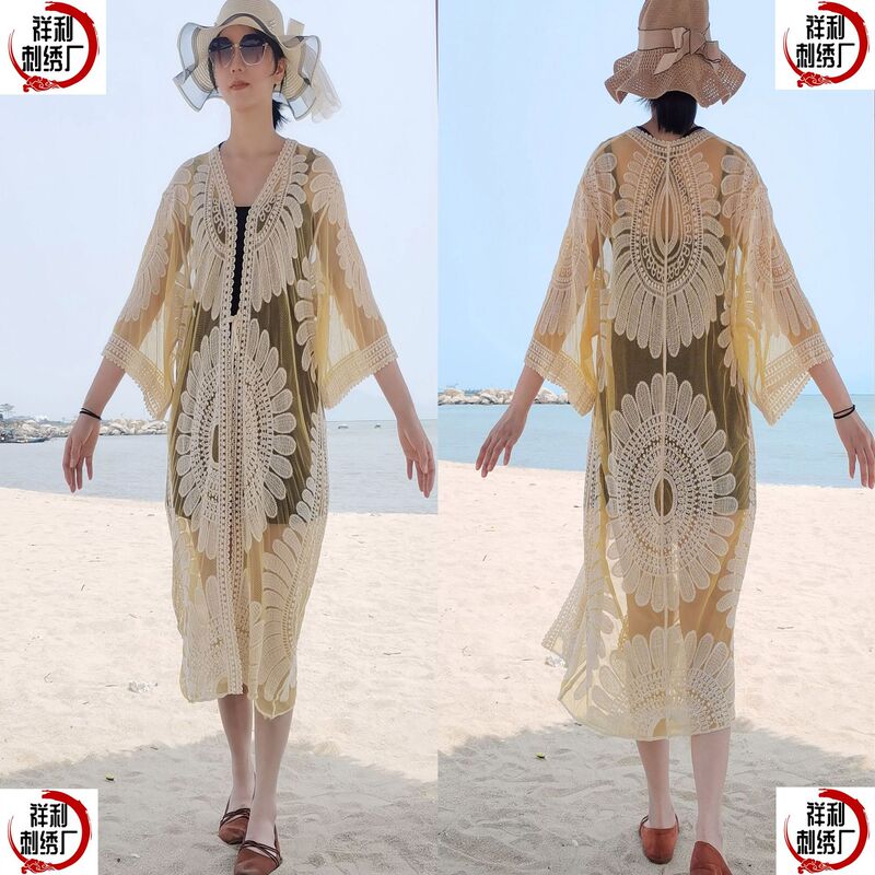 Cross-border exclusive European and American beach vacation sun protection blouse mid-length lace cardigan embroidered hollow bikini outer wear