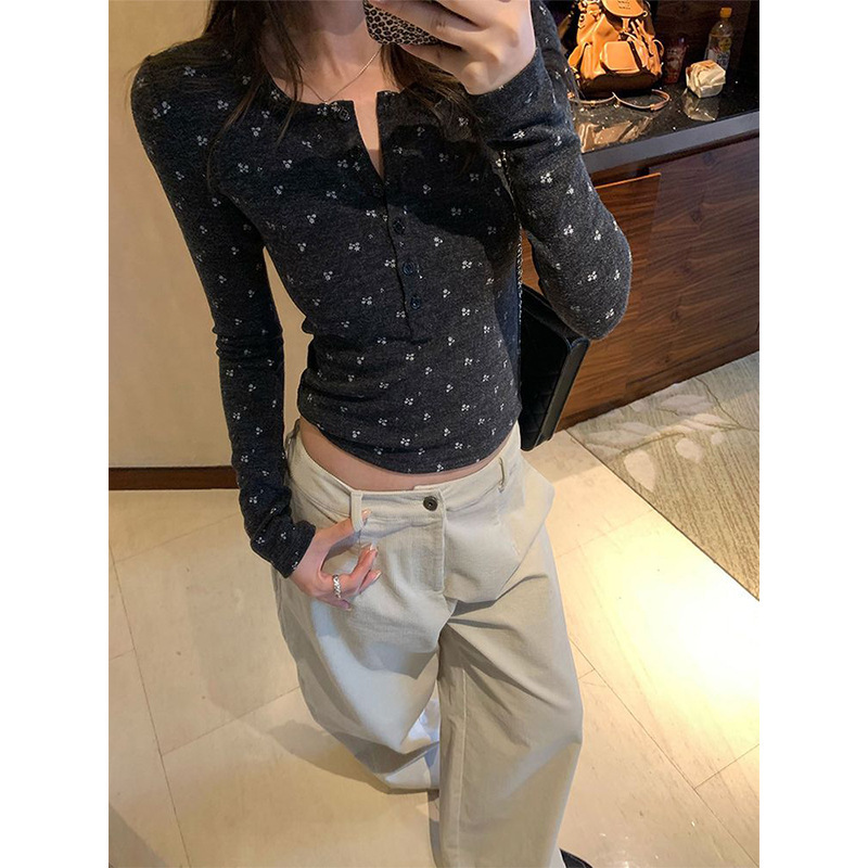 1*1 Ribbed Velvet American Sexy Floral Long-Sleeved T-Shirt Women's Autumn and Winter Brushed Henry Collar Bottoming Shirt Top