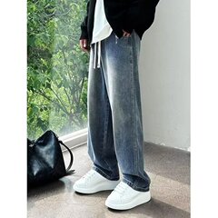 牛仔裤男春夏直筒宽松男裤高街美式休闲男装裤子复古做旧休闲长裤