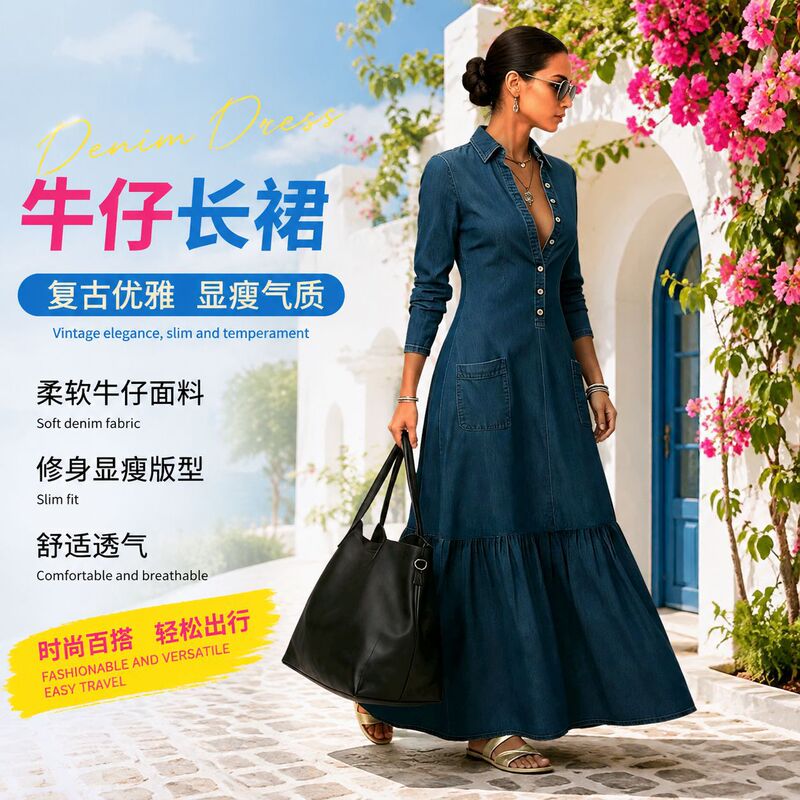 Cross-border European and American style autumn imitation denim dress with a turn-down collar, long sleeves, single-breasted buttons, large hem, drapey, slimming, and long skirt Cross-border European and American style autumn imitation denim dress with a turn-down collar, long sleeves, single-breasted buttons, large hem, drapey, slimming, and long skirt