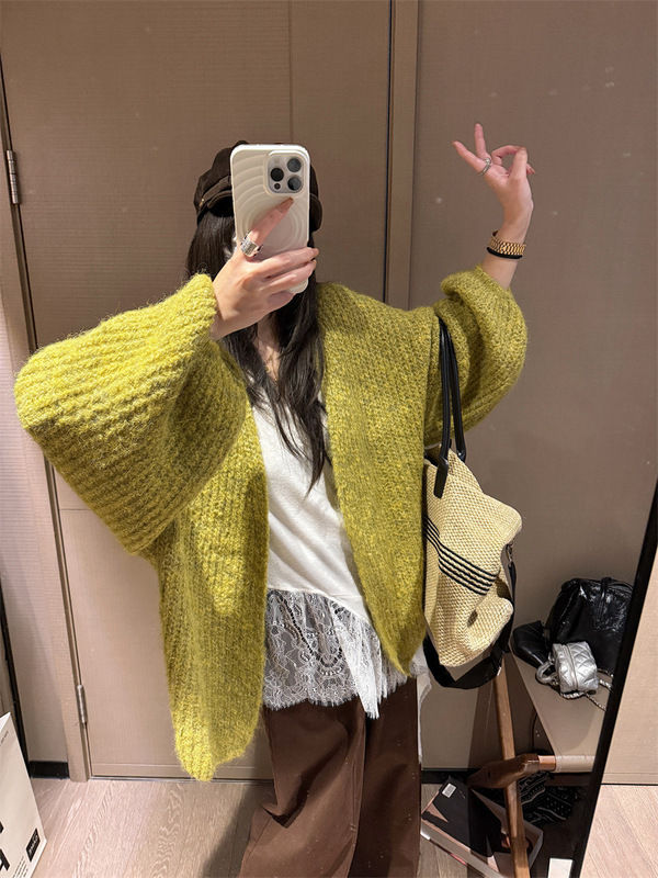 韩系慵懒松弛感灯笼袖软糯羊驼毛针织大开衫女早秋休闲毛衣外套|undefined