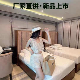 韩版时尚镂空钩花针织套装女夏季甜美方领吊带背心阔腿短裤两件套