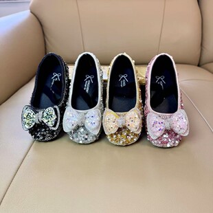 Spring and Summer 2024 New Korean Style Girls Princess Square Mouth Rhinestone Bow Shoes Leather Shoes Performance Dance Shoes for Girls