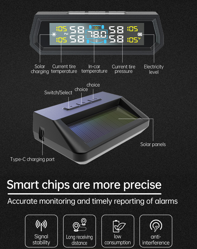 T17 Tire Pressure Monitoring System High-Precision Solar-Powered Tire Pressure Monitor Tpms Tire Pressure Wireless Device Smart