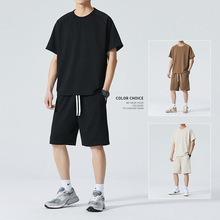 潮牌短袖T恤男士套裝夏季韓版休閑針織運動服男裝短褲兩件套批發