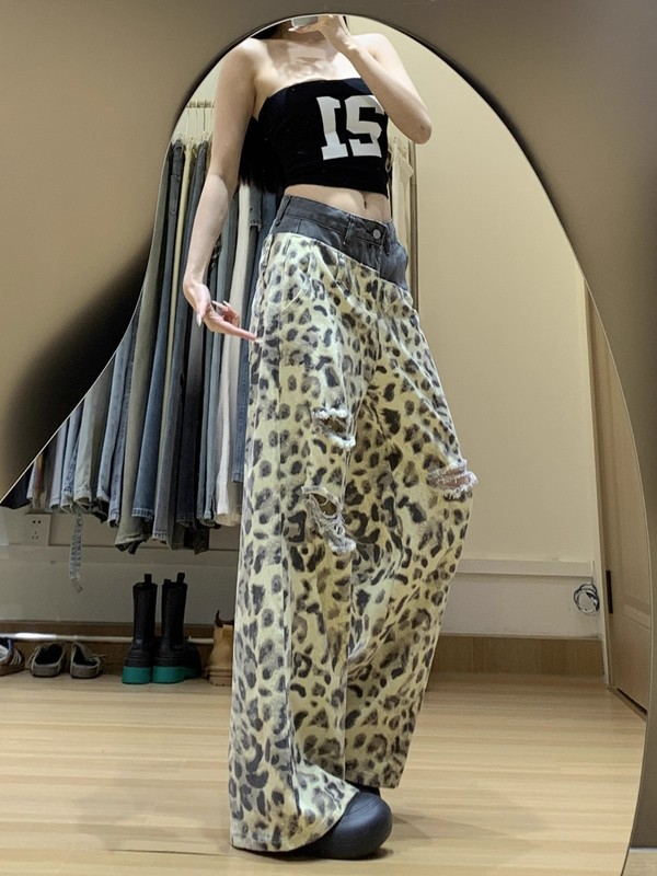 美式复古豹纹破洞阔腿牛仔裤女早秋新款双腰头拼接显瘦拖地裤子|undefined