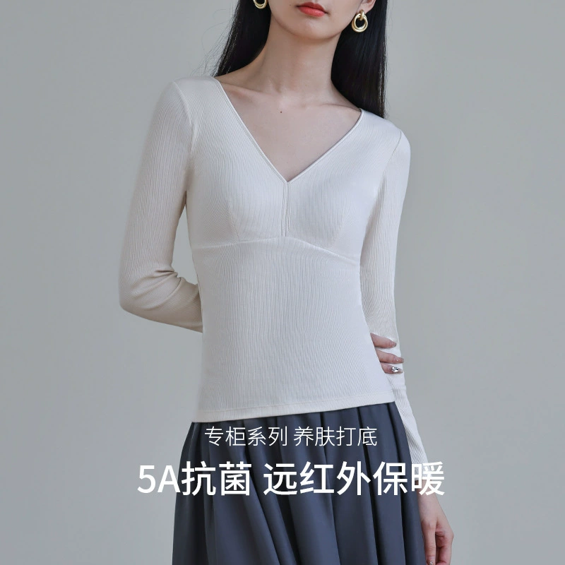 Женская Базовая рубашка с длинным инфракрасным излучением, осенне-зимняя одежда с подкладкой для груди, можно носить снаружи и внутри, приталенный женский топ с V-образным вырезом, облегающий