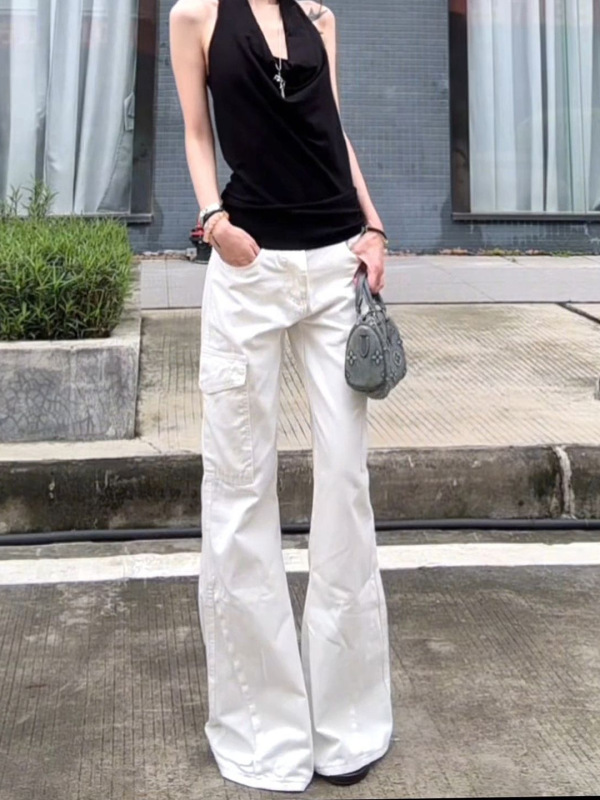 美式百搭时尚白色微喇牛仔裤女夏季新款低腰辣妹显瘦弹力拖地裤子|undefined