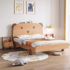 Children's solid wood bed for boys and girls, 1.35-meter beech wood bed with headboard storage, simple cartoon bear single bed