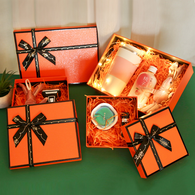 批发橙色礼品盒化妆品口红包装盒天地盖礼物盒子伴手礼蝴蝶结礼盒