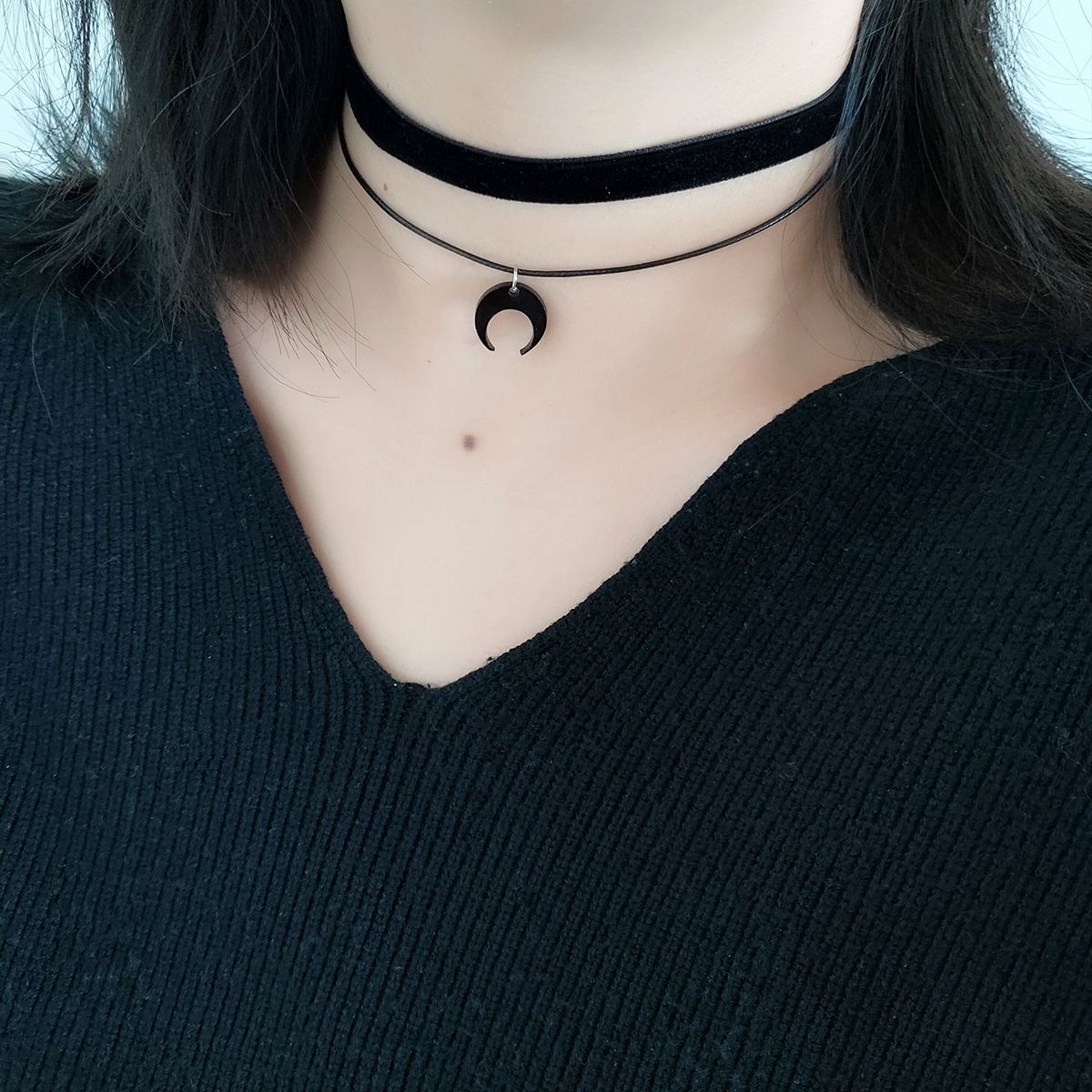 Dark Gothic Style Double-Layer Stacked Horn Black Moon Choker Neck Strap Necklace Jewelry Necklace Women's Accessories