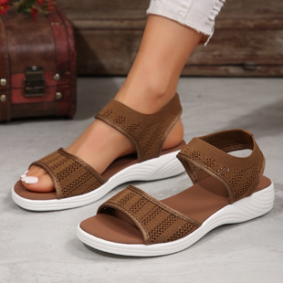 2024 European and American foreign trade large size new solid color elastic feet fishmouth slope heel fly woven mesh casual sandals women
