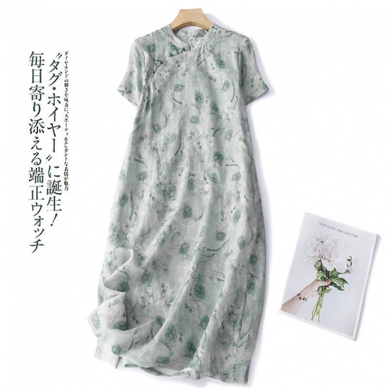 中年妈妈装复古设计a字棉麻气质连衣裙中国风夏季仿苎麻短袖旗袍