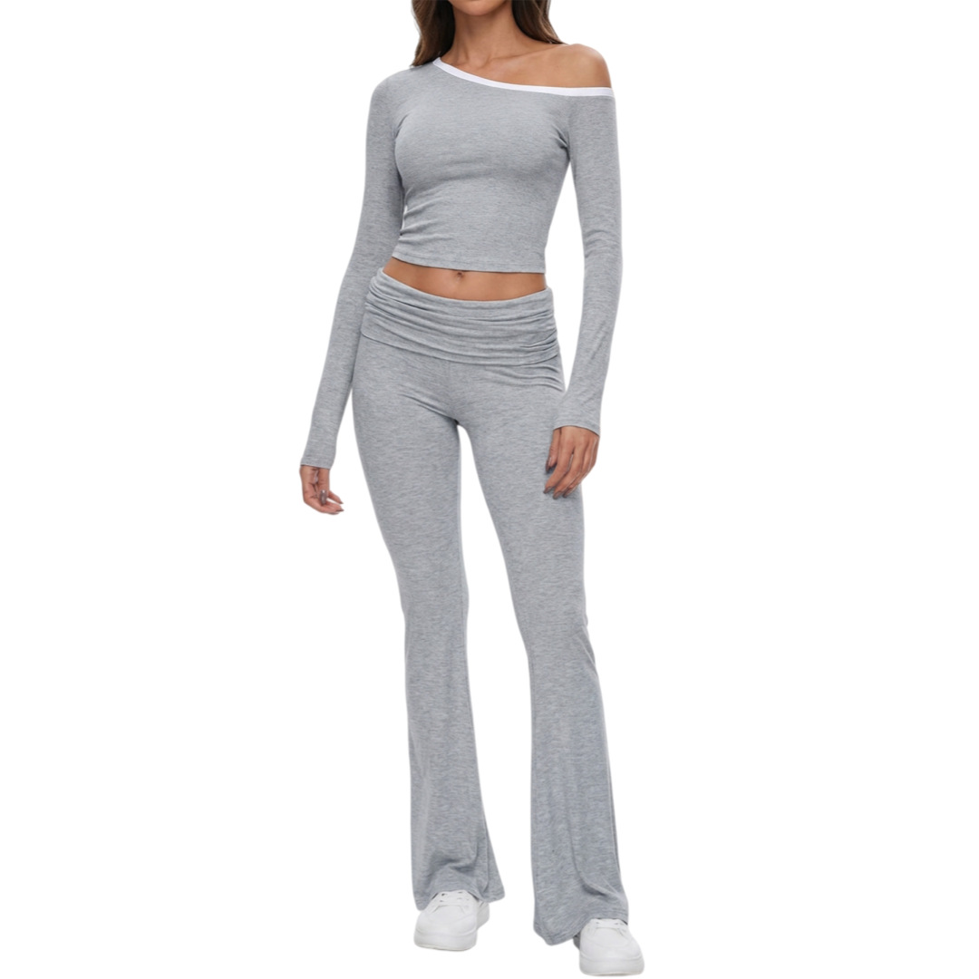Women's Sexy Off-Shoulder Ribbed Crop Top With Low-Rise Flared Pants Set, Stretchy T-Shirt And Bell Bottom Joggers, Trendy Solid Color Outfit_ecoleips.com