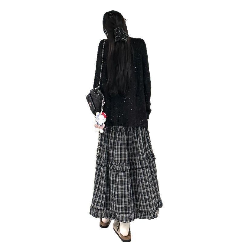 秋季套装一整套穿搭高腰显瘦格纹背心连衣裙女+黑色针织开衫毛衣|undefined