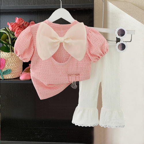 Little Girl Short Sleeve Set 2024 New Children's Summer Solid Color Stylish Bowknot Backless Top and Trumpet Pants Set