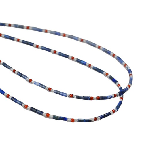 A handmade beaded necklace with new Chinese style, featuring a mix of vintage, literary, blue lapis lazuli, red agate, and genuine stones, with dot separators.