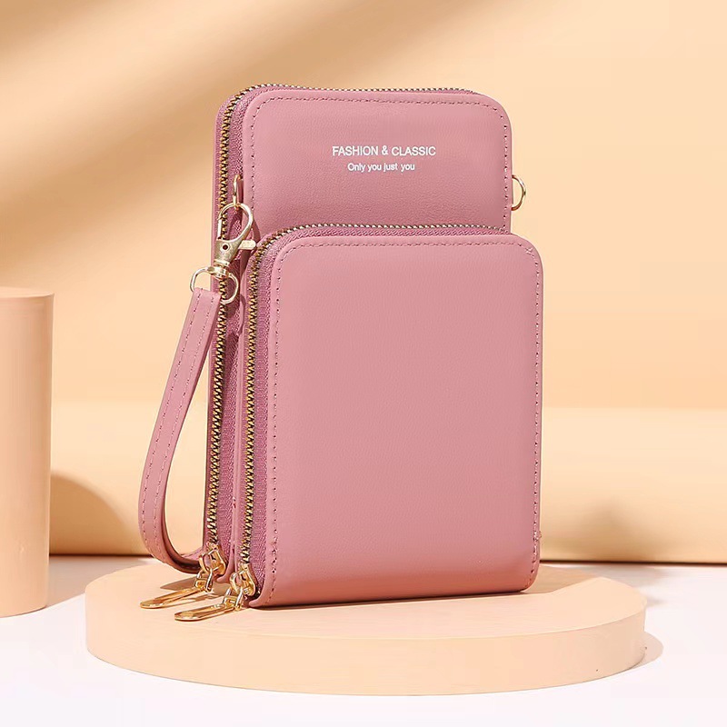 【Promoción】Bolso de Teléfono Multifuncional de Color Sólido, Nuevo Bolso de Cuero Pequeño de Un Solo Hombro, Bandolera, con Cierre de Dos Vías, Bolso de Mujer Transfronterizo