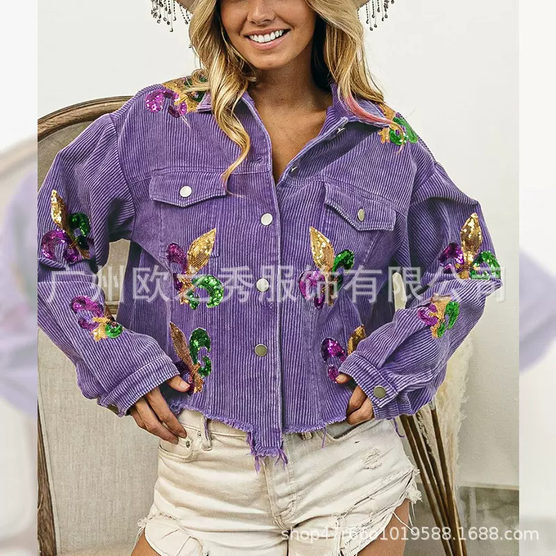 跨境春季爆款珠片夹克外套欧美灯芯绒狂欢节鸢尾花亮片棒球服上衣