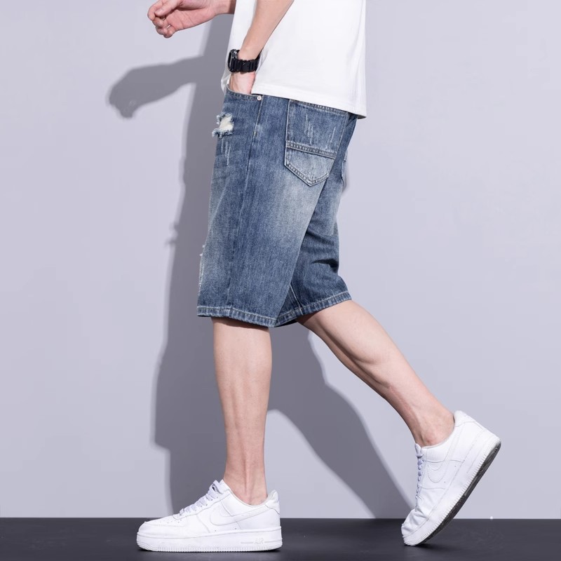Denim Shorts Men's 2025 New Fashion Brand Summer Thin Ice Silk Straight Loose Casual Rhole Five-point Pants