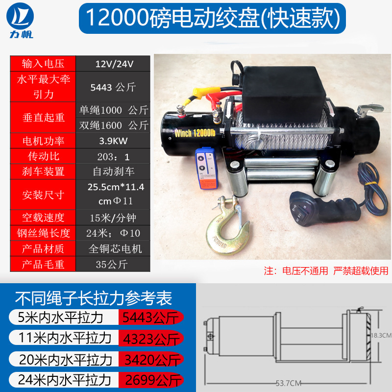 12000 libras, 12v rápido, 15 metros / min de doble uso inalámbrico / por cable
