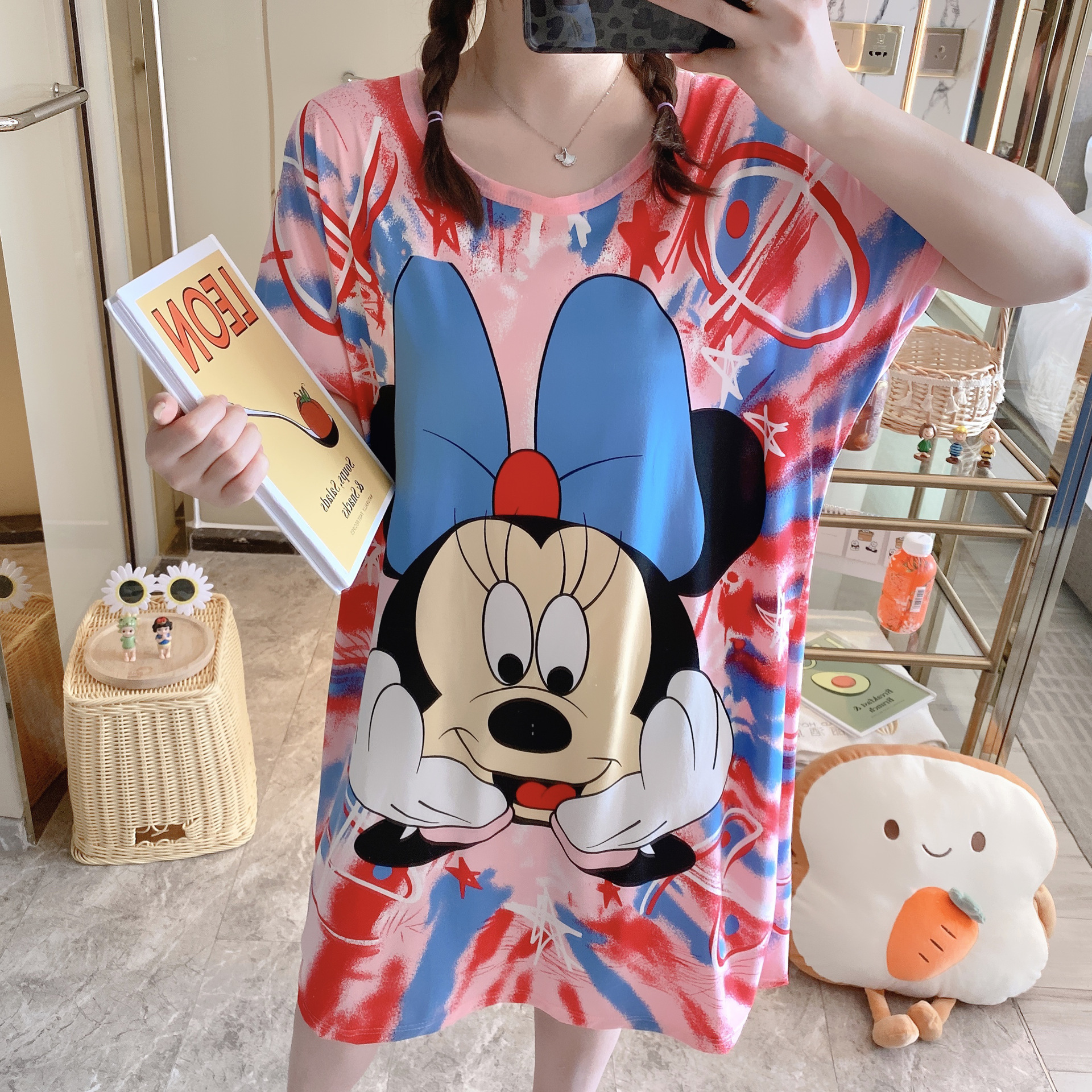 Sudeste asiático barato camisón flojo de las mujeres más tamaño Delgado verano dibujos animados manga corta pijamas inicio desgaste camisón puesto