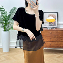 25夏款法式高固色真丝丝绒纯手工钉珠下摆拼真丝柯根纱侧开叉上衣