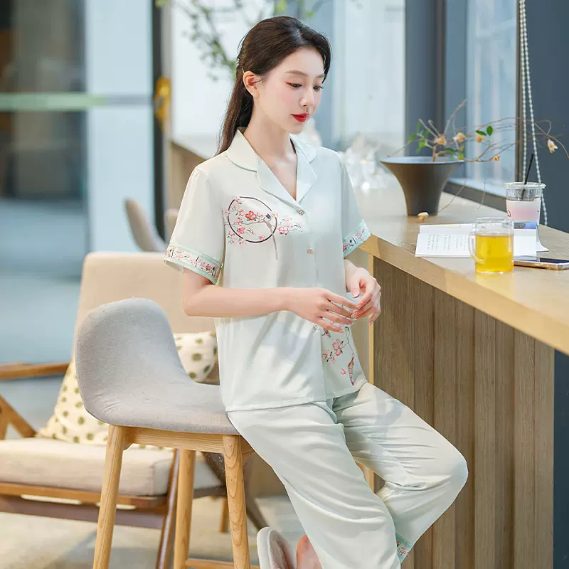 2025仿真丝国风睡衣女夏季短袖开衫套装可外穿新款简约中式家居服