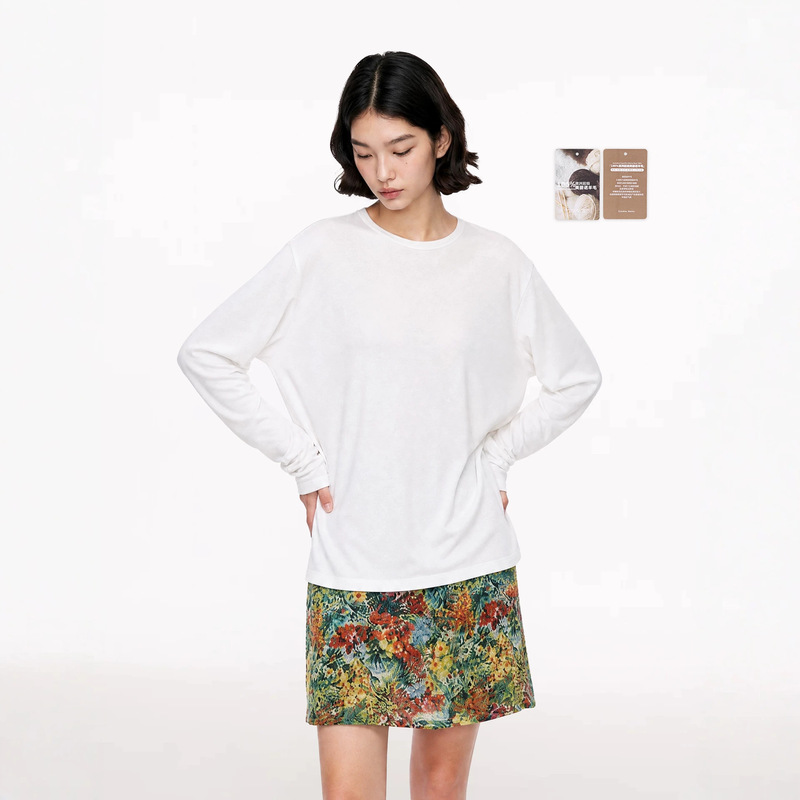 Teeshe Women's Tencel Wool Round Neck Long Sleeve T-Shirt 26 Autumn New Versatile Loose Solid Color Base Top