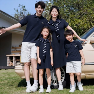 学院风亲子装夏装2026新款一家三四口POLO短袖洋气母子母女连衣裙