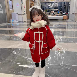 女童厚外套秋冬加绒冬新款儿童连帽红新年喜庆红羊羔绒毛呢大衣潮