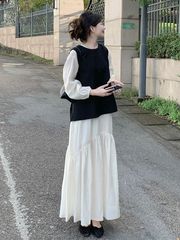 甜美减龄套装女初秋温柔系巨显瘦遮肉黑色马甲搭配长袖白色连衣裙