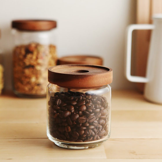 Acacia Wood Lid Storage Jar Household Transparent Glass Moisture-Proof Sealed Storage Jar Various Capacity Storage Tea Jar