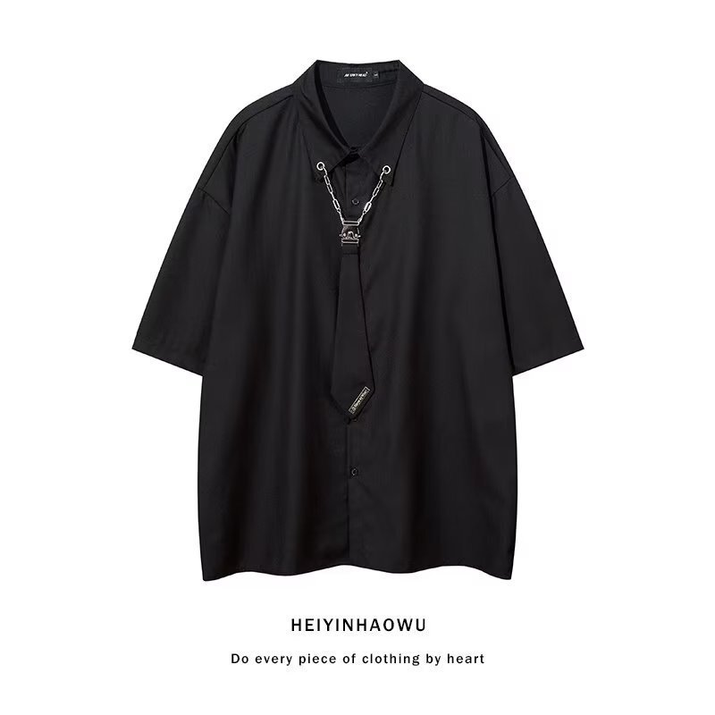 Dark Chain Shirt Men's Trendy Summer Three-Quarter Sleeve Shirt Hip-Hop High Street Design Inch Shirt Dark Chain Shirt Men's Trendy Summer Three-Quarter Sleeve Shirt Hip-Hop High Street Design Inch Shirt