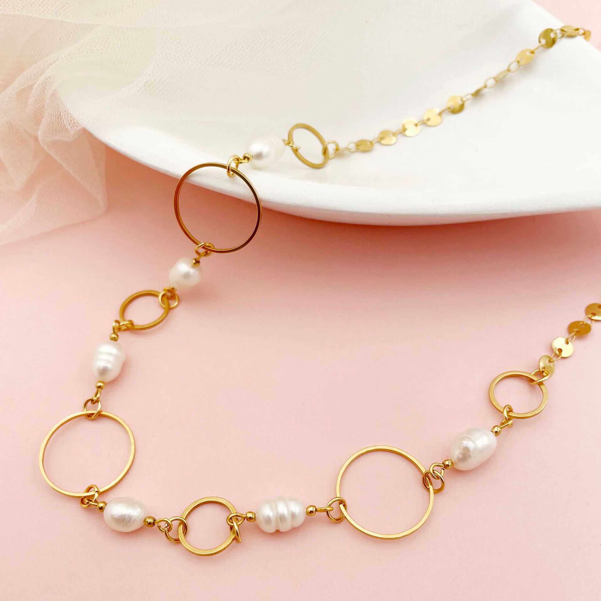 304 Stainless Steel Pendant Material Pearl Inlay Material Wholesale Jewelry Bohemian Printing 304 Stainless Steel Pearl 14K Gold Plated Pearl Plating Stainless Steel Necklaces