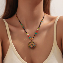 新款跨境民族风项链时尚单品手工编织彩色吊坠复古锁骨链厂家批发