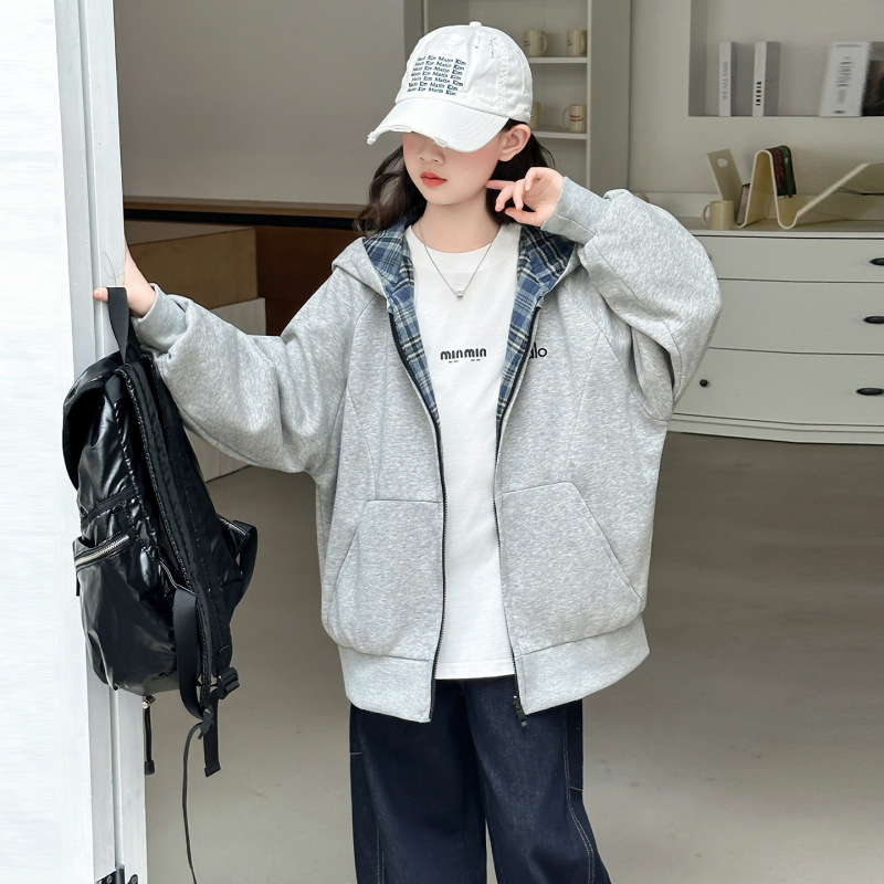 女童外套春秋2025新款儿童卫衣连帽拉链衫洋气中大童双面穿运动服|undefined