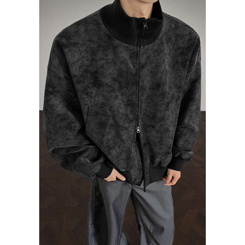Giacca da baseball da lavoro con colletto alto, stile retrò americano, in pelle PU grigia tie-dye per uomo_voghion.com