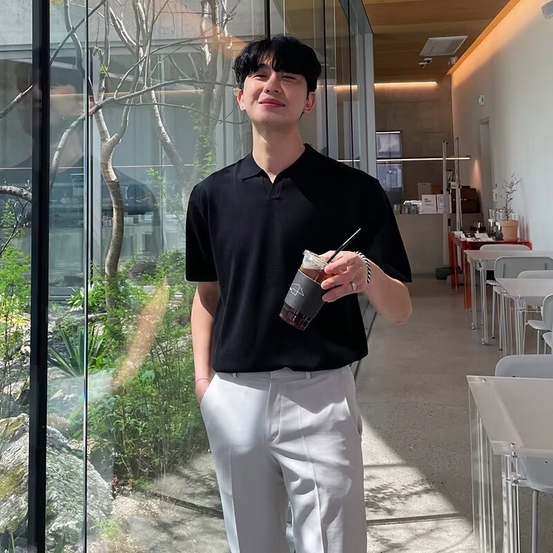 Moda coreana masculina suelta cuello en V cinco mangas de color sólido polo camisa de verano nueva marca de moda de algodón de perla camisa de manga corta