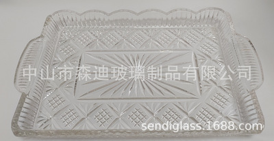 ins風長方形劍草花紋帶把手歐式家用高檔玻璃大托盤酒店果盤餐盤