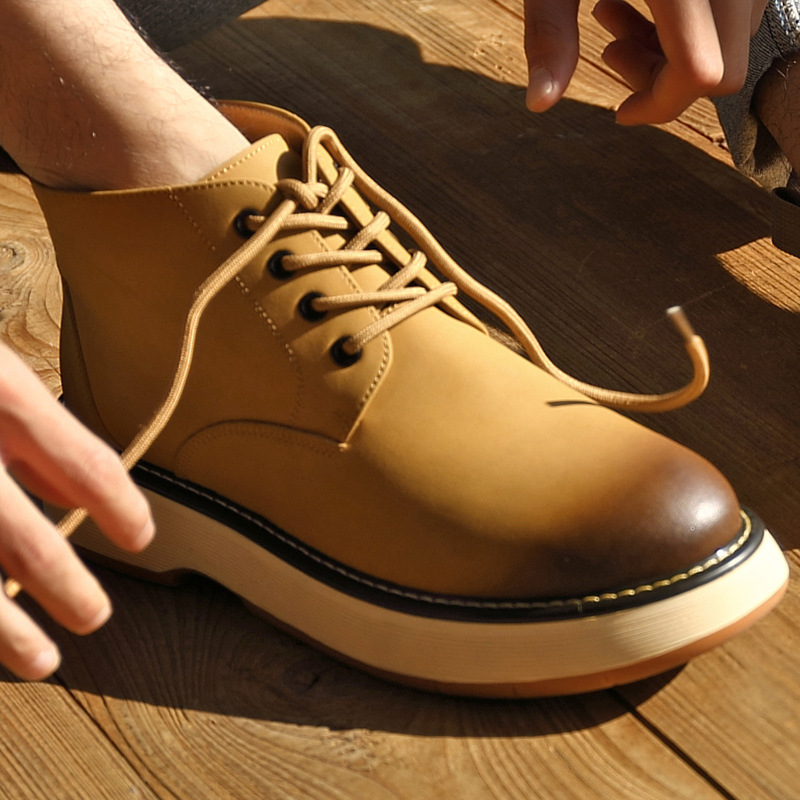 Men's big head leather shoes High top men's shoes winter plus fleece work boots casual British ankle boots men's big yellow boots_voghion.com