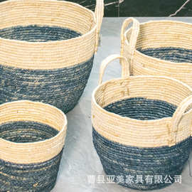 创意双色拼色编织脏衣篮落地式家居盆栽花盆多规格草编衣物杂物篮