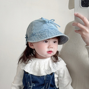 Children's hats, spring and autumn denim caps, big brim Korean style bow baseball caps, baby travel sun hats, trendy