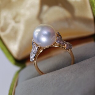 18K Gold Accessories Leaf Diamond Pearl Ring 18K Diamond 0.35 Carat Picture with 10-11mm Without Beads
