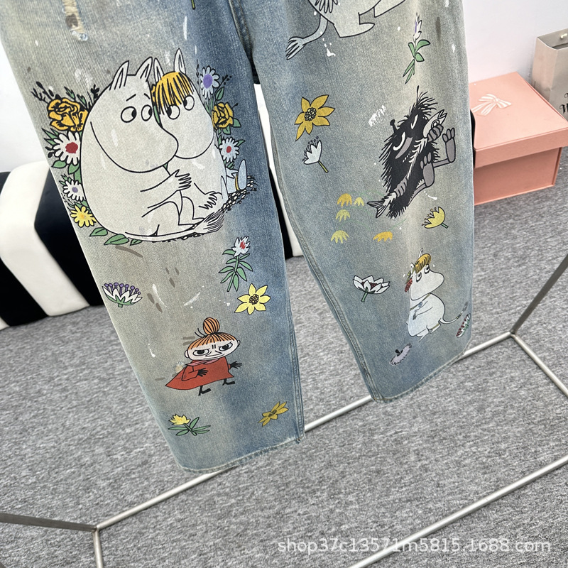 25夏季新款趣味卡通河马花朵印花直筒牛仔裤女|undefined