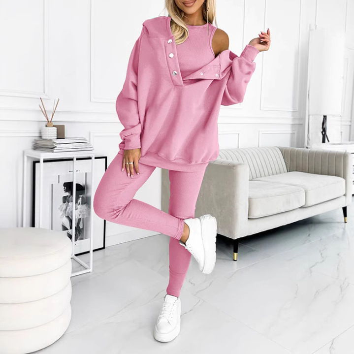 2024 Amazon Cross-border Women's Sports Casual Hooded Sweater Thickened Thread Slim Vest Pants Three-piece Set